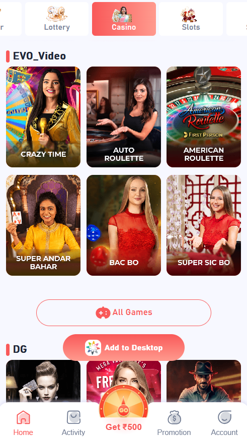 Casino tab of the Daman Game app showing live dealer table tiles grouped by provider